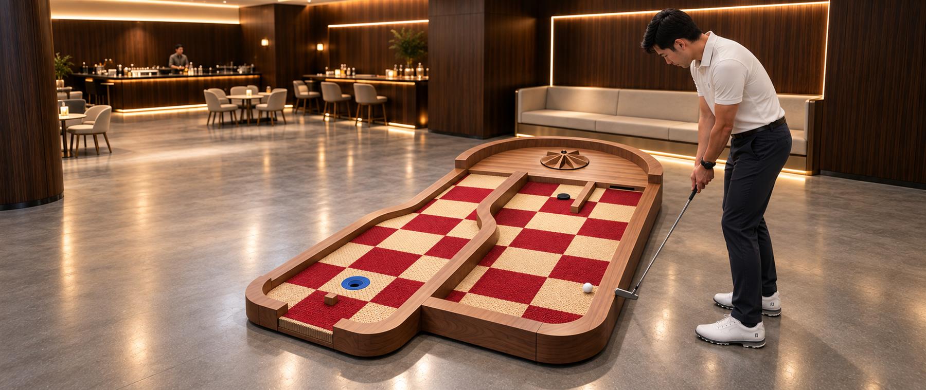 Lucky Disc indoor mini golf equipment shown in a lounge setting