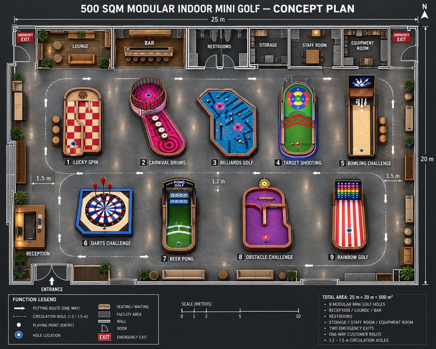 Illustrative indoor mini golf floor plan with modular holes and guest areas