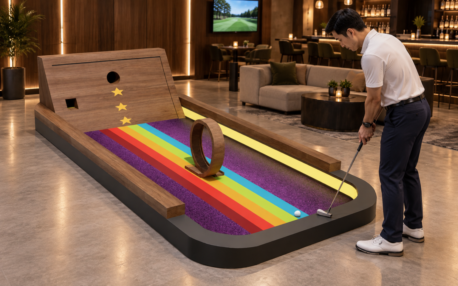 Rainbow loop mini golf hole shown in an indoor social venue