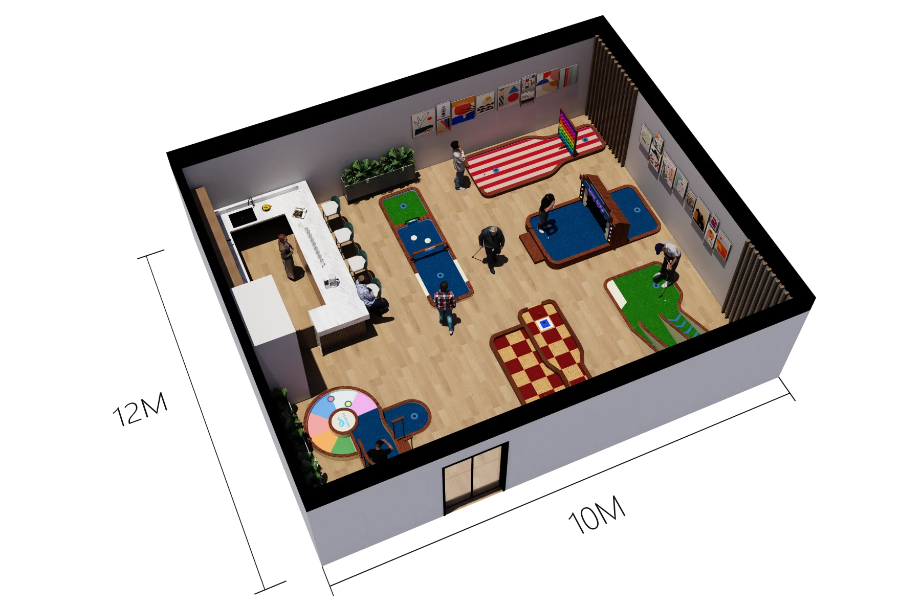 120 square metre indoor mini golf design concept, perspective view