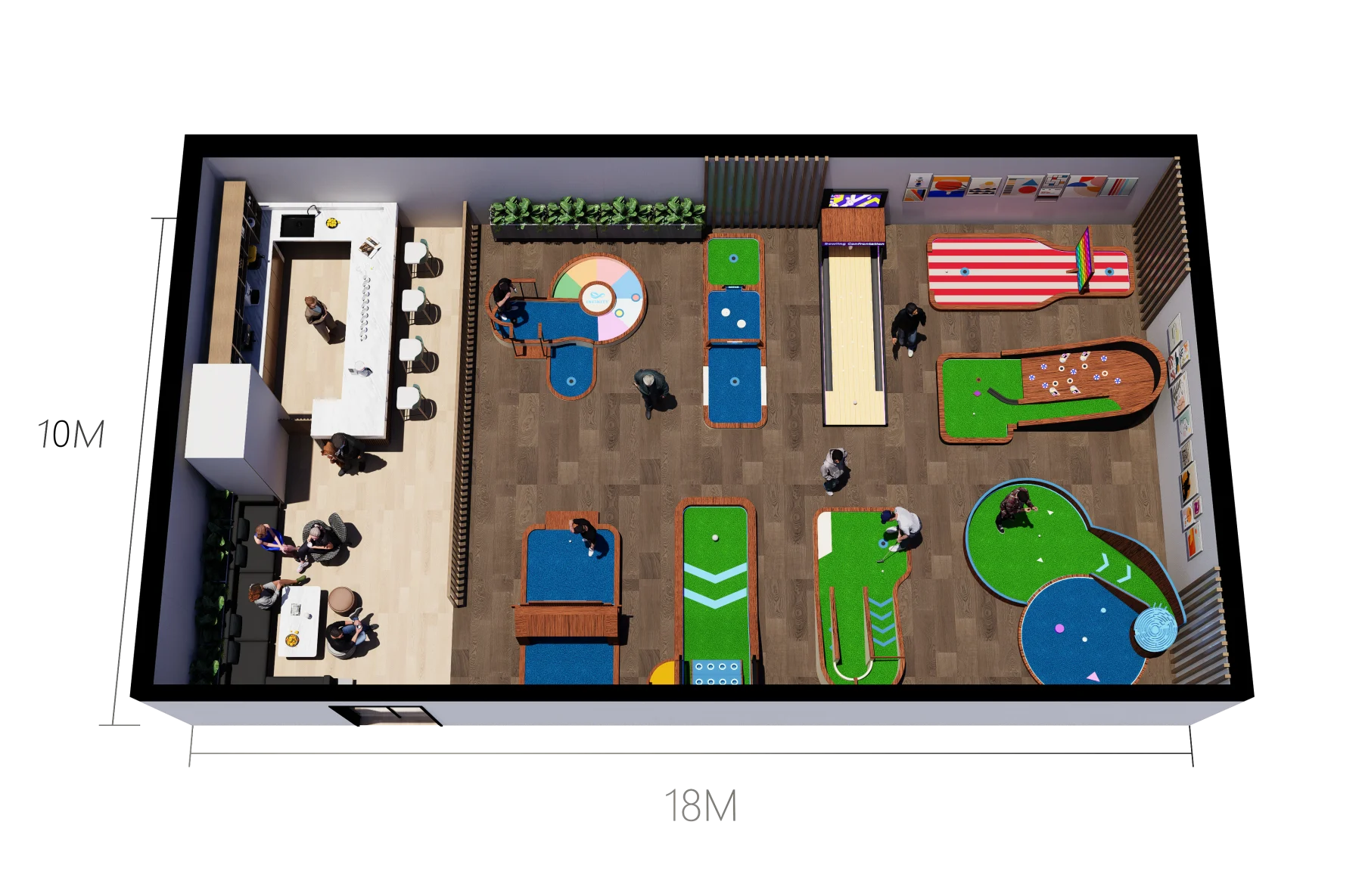 180 m² Indoor Mini Golf Layout — Overhead layout view