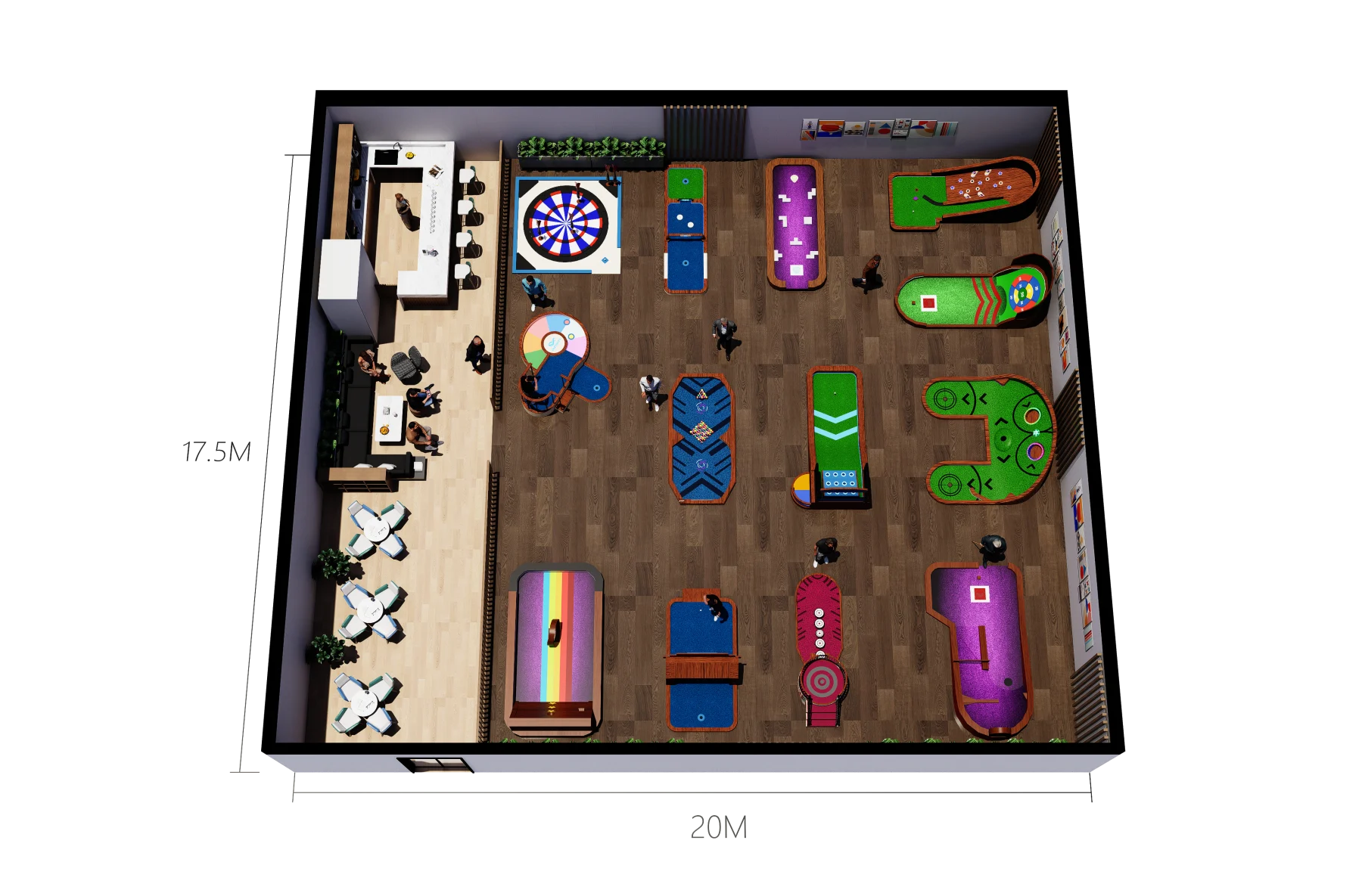 350 m² Indoor-Minigolf: Layoutentwurf — Draufsicht des Layouts